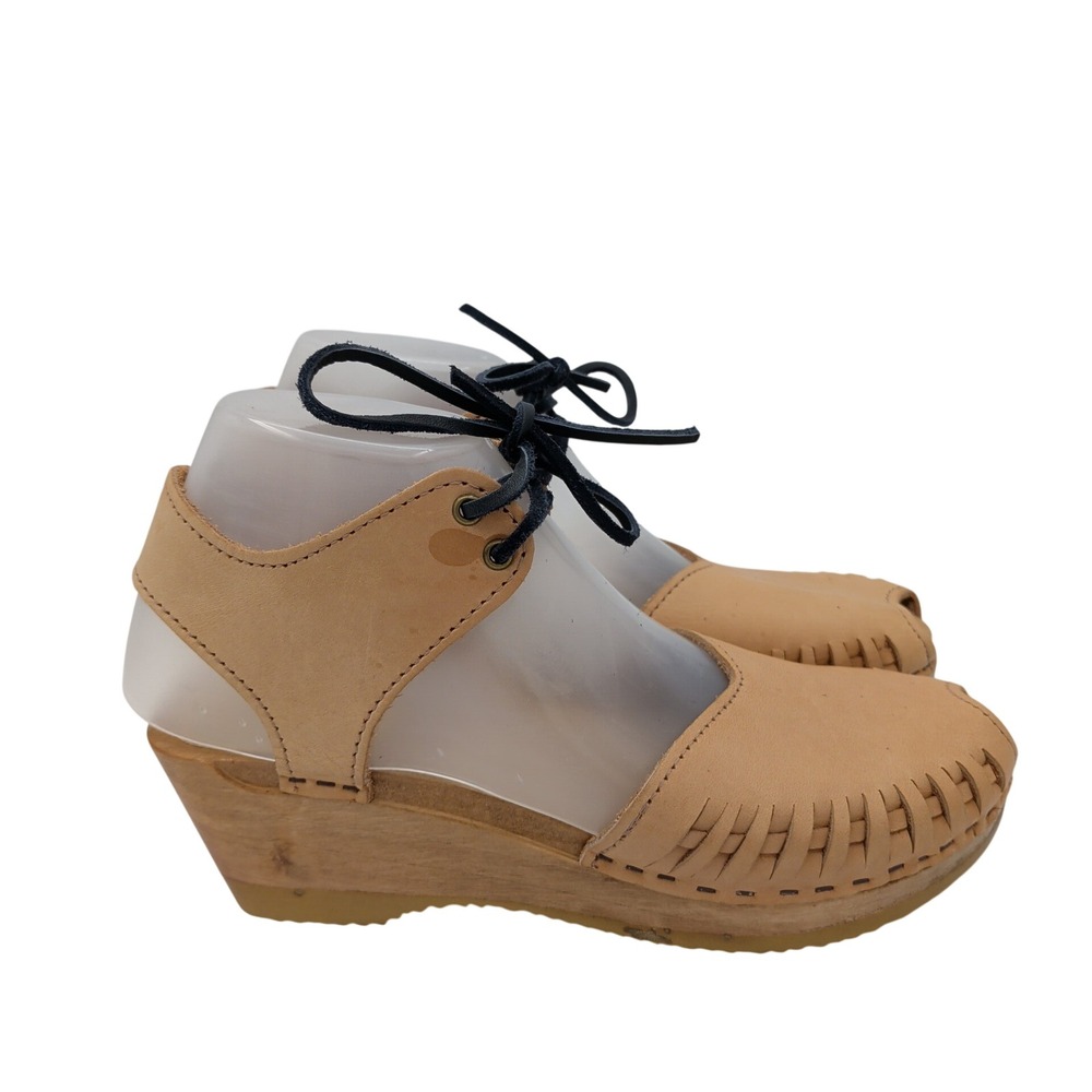 No 6 Store Sven Tan Leather Peep Toe Lace Up Wood Wedge Clogs Shoes Size 38